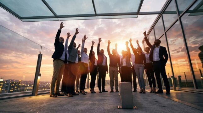 Diverse business team raising hands together on corporate rooftop terrace at sunset symbolizing unity success collaboration teamwork and leadership