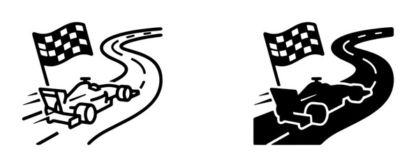 Obraz premium Racing Car Victory, Checkered Flag Finish Line, Speeding Formula One Vehicle on Winding Track, Sports Competition Vector Icon Set