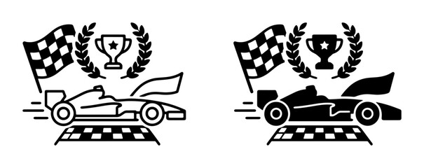 Obraz premium Formula 1 Racing Icons: Speeding Car, Checkered Flag, Trophy, Laurel Wreath, Two Styles - Outline and Silhouette Vector Graphics for Motorsport and Competition Themes