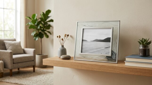 A serene living room with a wooden shelf holding a framed photograph and a potted plant.