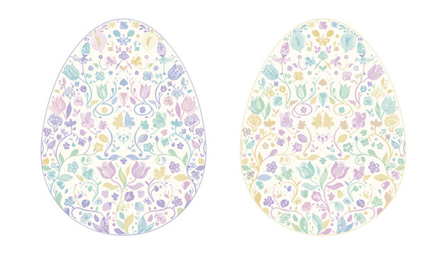 Beautiful pair of decorative easter eggs featuring intricate pastel colored floral and botanical patterns inside.