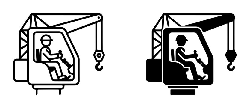 Construction Crane Operator Icons: Line Art and Silhouette, Heavy Machinery Operation, Industrial Lifting Equipment, Building Site Safety