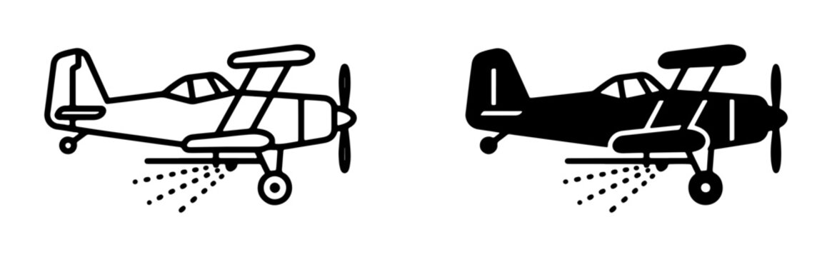 Crop Duster Biplane Icon Set, Agricultural Aircraft Spraying Vector Graphics, Aviation and Farming Symbols
