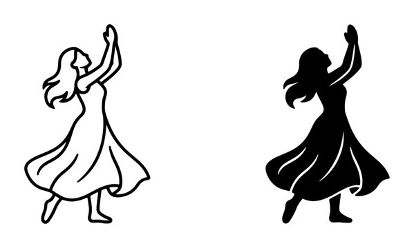 Elegant Woman Dancing Silhouette, Outline Vector Art, Graceful Female Movement, Celebration and Joyful Expression, Black and White Iconography