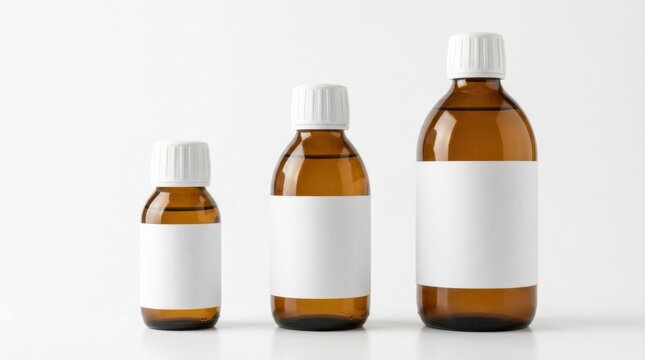 Set of three different sized brown glass pharmaceutical medicine bottles with blank white labels isolated on a white background for branding mockup