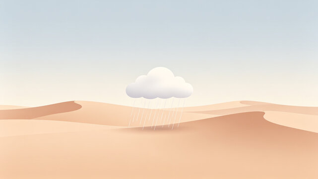 Minimalist illustration of a single white cloud raining over a vast, rolling desert landscape under a clear sky.
