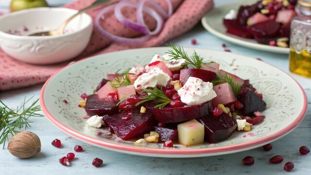 Festive beetroot salad presented on a pastel plate with fresh herbs and garnishes