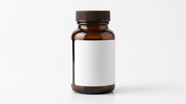 Blank White Label on Amber Glass Medicine Bottle with Brown Cap Isolated on White Background