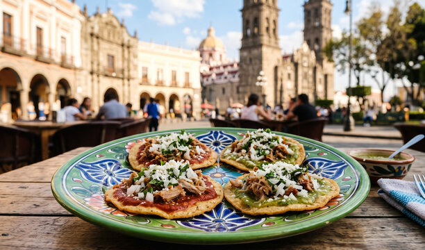 set of four small fried Chalupas Poblanas served on a green Talavera platter,  Small thick corn tortillas fried in lard, spread with red and green salsas, topped with shredded pork and finely chopped 