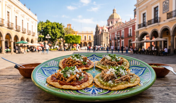 set of four small fried Chalupas Poblanas served on a green Talavera platter,  Small thick corn tortillas fried in lard, spread with red and green salsas, topped with shredded pork and finely chopped 
