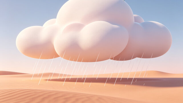 Stylized 3D render of a fluffy cloud raining over rolling desert sand dunes under a soft pastel sky, illustrating life in arid environments.