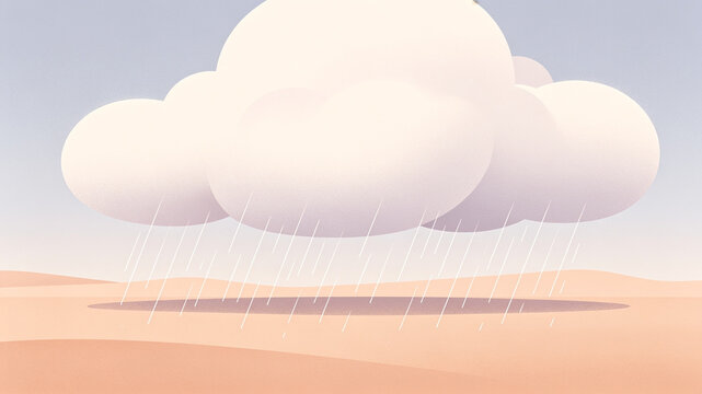 A stylized illustration of a large cloud raining onto a vast desert landscape with rolling sand dunes under a soft, pastel sky.