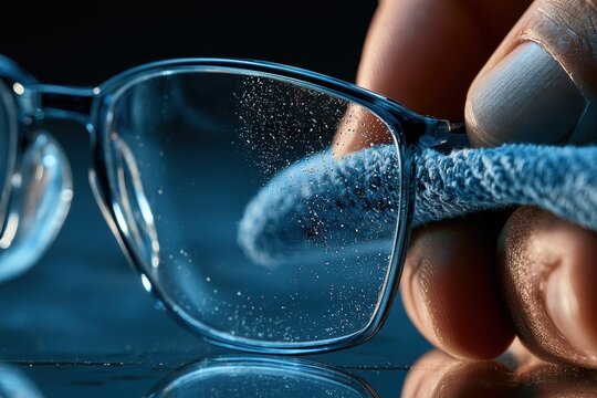 Hand wiping dust and particles from optical lens for clear vision