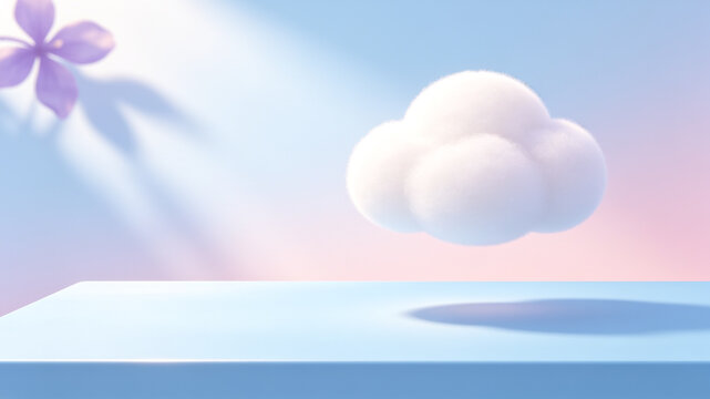 A soft 3D fluffy white cloud floating above a light blue platform against a dreamy pastel pink and blue background with a purple flower petal.