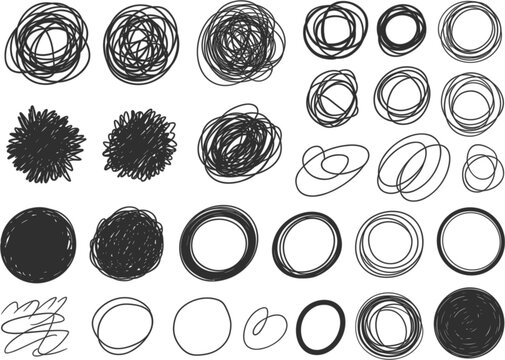Abstract circular scribble icon set, hand-drawn texture marks and ring shapes for creative graphic design projects