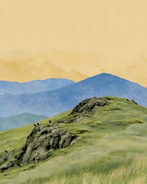 Watercolor mountain landscape illustration with birds and golden sky