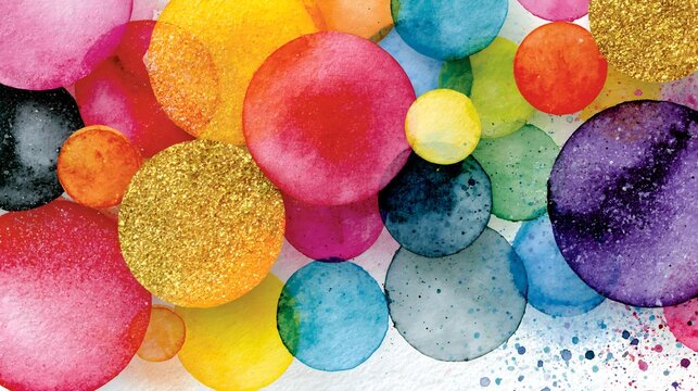 Colorful watercolor circles with gold glitter for celebration and party design