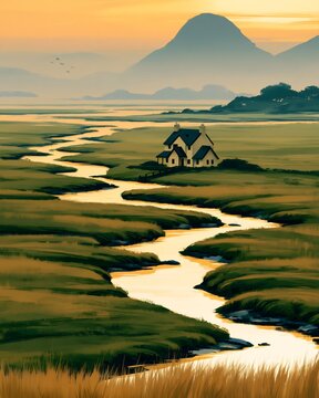 Illustrated coastal marsh landscape with cottage river and mountain at sunset