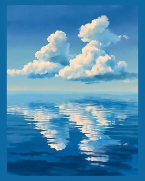 Blue seascape painting with clouds reflecting on calm ocean water