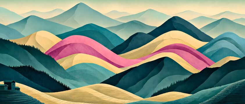 Stylized mountain landscape illustration with pink and gold waves for nature design