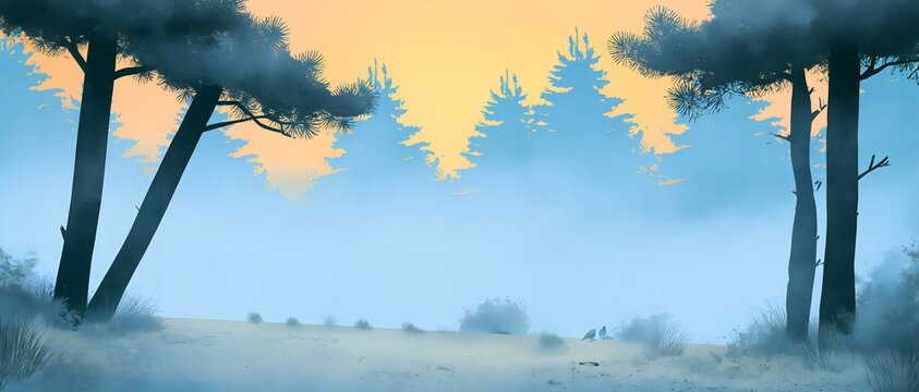Illustrated pine forest silhouette at sunrise with misty blue and orange sky