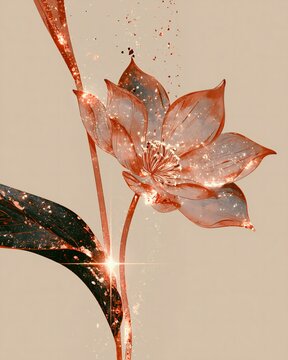 Rose gold flower illustration with sparkle effects on beige background