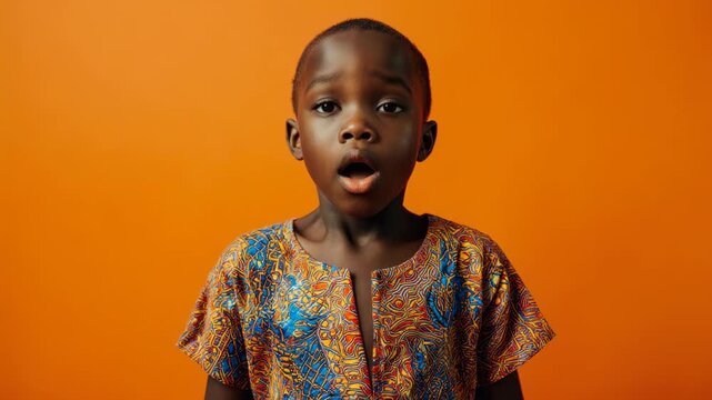 10-year-old African child, traditional wax clothing, awestruck emotion, solid orange background