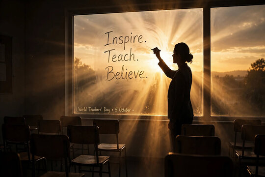 world teachers day Teacher Silhouette Standing in Classroom at Sunse