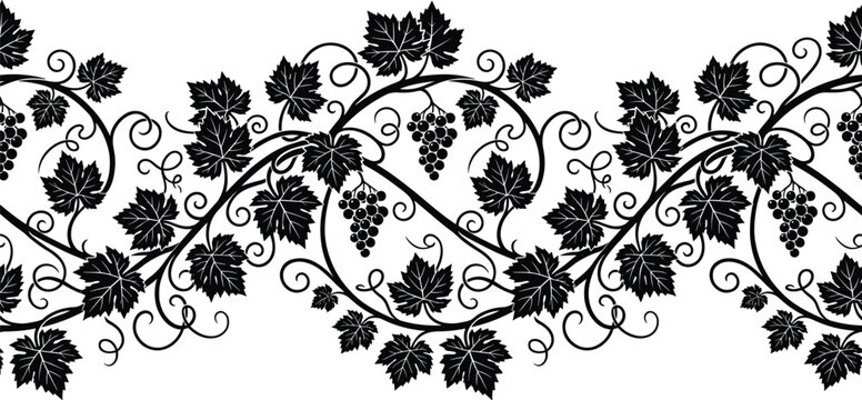 Grape Vine Seamless Pattern Vector Grapevine Border Silhouette Grape Leaf Elements Isolated White Background
