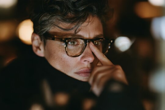Woman adjusting her tortoiseshell glasses, looking focused and deep in thought