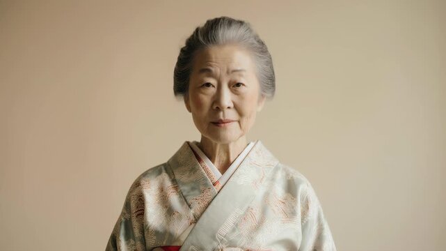 60-year-old Japanese woman, traditional kimono, serene emotion, solid beige background