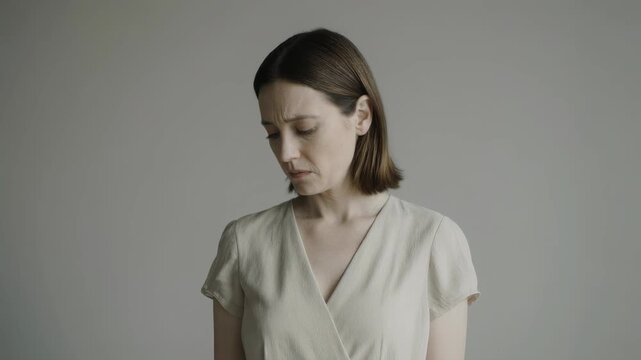 40-year-old white woman, minimalist dress, melancholic emotion, solid gray background
