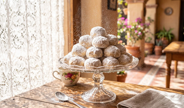 stack of crumbly Polvorones de Nuez arranged on a vintage glass cake stand, Delicate pecan shortbread balls heavily coated in snow-white powdered sugar, with light sugar dust floating on the surface.