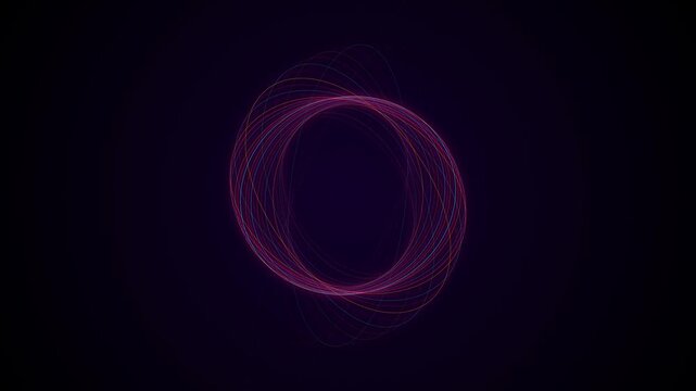 Abstract glowing particle torus rotating in dark space, digital data flow motion background.