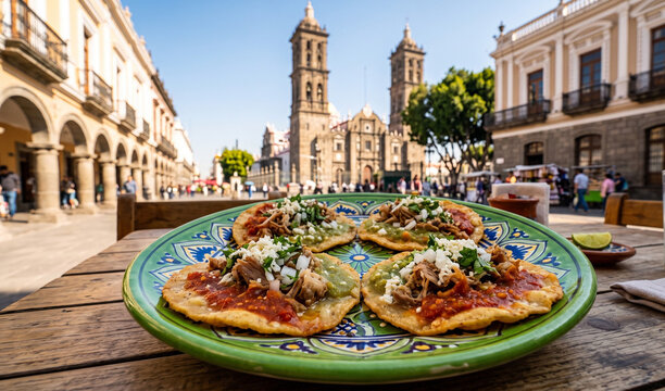 set of four small fried Chalupas Poblanas served on a green Talavera platter,  Small thick corn tortillas fried in lard, spread with red and green salsas, topped with shredded pork and finely chopped 