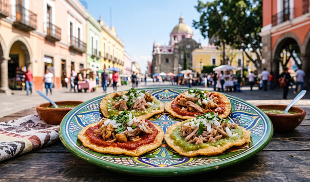 set of four small fried Chalupas Poblanas served on a green Talavera platter,  Small thick corn tortillas fried in lard, spread with red and green salsas, topped with shredded pork and finely chopped 