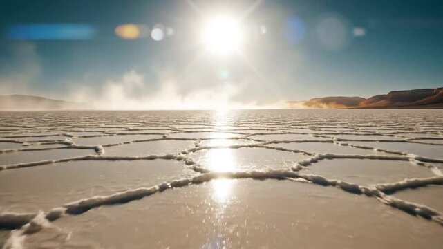 Bright Sun Shining Over Hexagonal Salt Flat Landscape with Distant Mountains and Dust in Arid Desert
