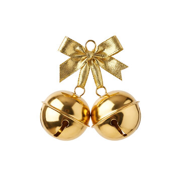 Golden jingle bells with ribbon bow isolated on white