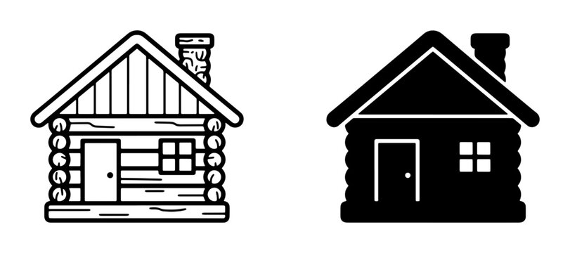 Log Cabin Icons, Rustic Dwelling Vector Graphics, Traditional House Symbols, Wood Structure Illustrations, Simple Building Outlines