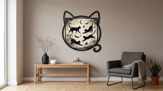 A cozy living room with a black cat head wall art, a wooden coffee table, a gray armchair, and a potted plant on a wooden floor.