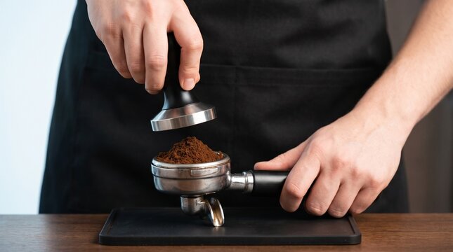 Professional Barista Hand Tamping Ground Coffee in Portafilter Handle at Cafe Espresso Counter
