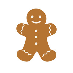 Obraz premium Gingerbread man cookie vector illustration. Flat cartoon festive sweet pastry biscuit with white icing, winter holiday treat isolated design element