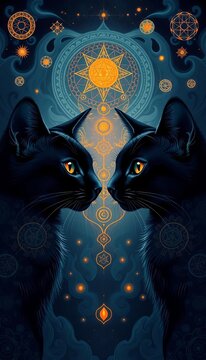 Midnight eyes lock in a silent stare as two sleek black cats confront each other amidst swirling clouds of celestial symbols, mystical orbs, and intricate geometric patterns, mystical, galaxies