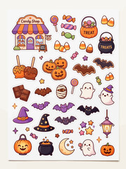 Fototapeta premium Cute helloween sticker sheet elements set with cartoon pumpkins ghosts bats candy corn and witch hat