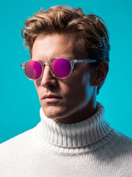 Stylish man with blond hair wearing round eyeglasses with purple lenses and white turtleneck sweater on blue background