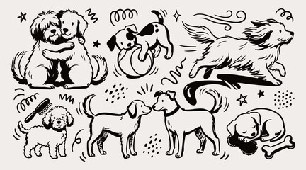 Fototapeta premium Cute dogs friendship doodle set puppies hugging running in wind and sniffing noses