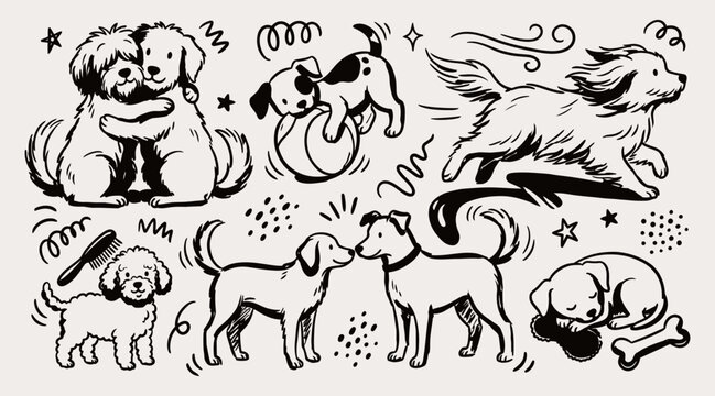 Cute dogs friendship doodle set puppies hugging running in wind and sniffing noses