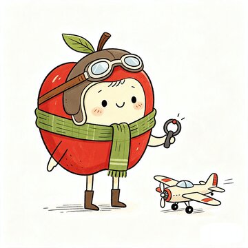 AI generated cute apple aviator cartoon character with toy airplane, whimsical pilot illustration