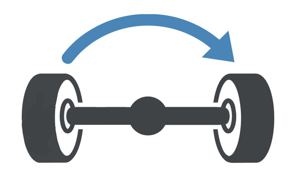 Automobile axle assembly icon showing alignment movement with an arc arrow, clean flat design concept