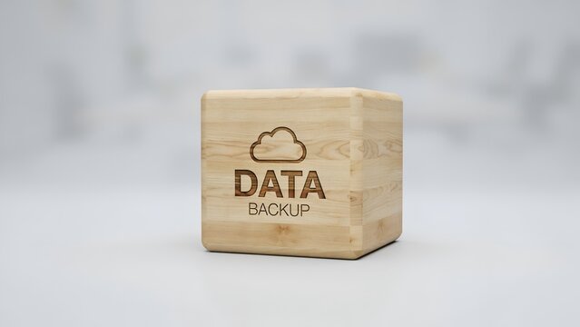 Wooden block cube with data backup branding on grey